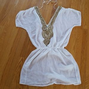 Sheer White Swim Cover Up with Gold Beading